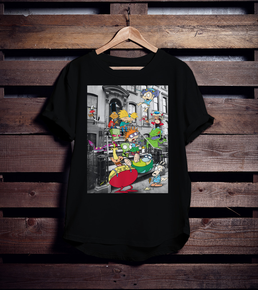 Classic Nicktoons Characters Sitting On Stoop Together In Black-and-White Background Scene T-Shirt