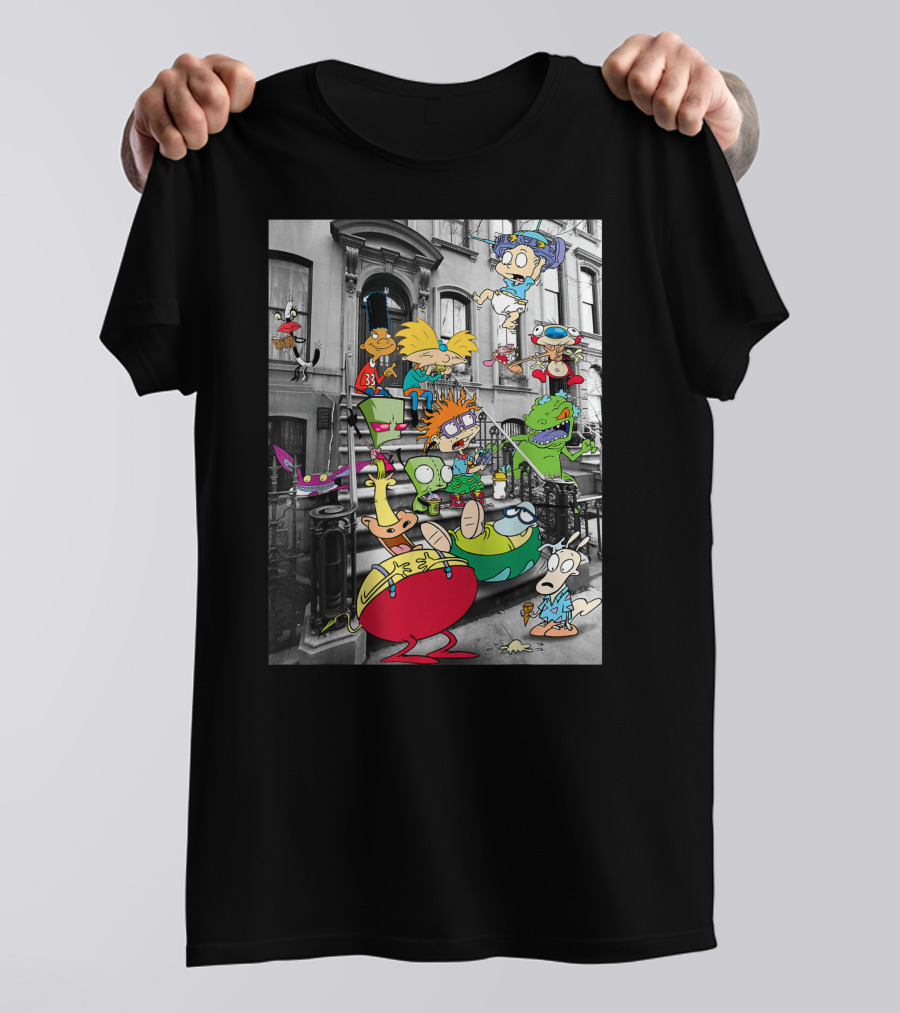 Classic Nicktoons Characters Sitting On Stoop Together In Black-and-White Background Scene T-Shirt