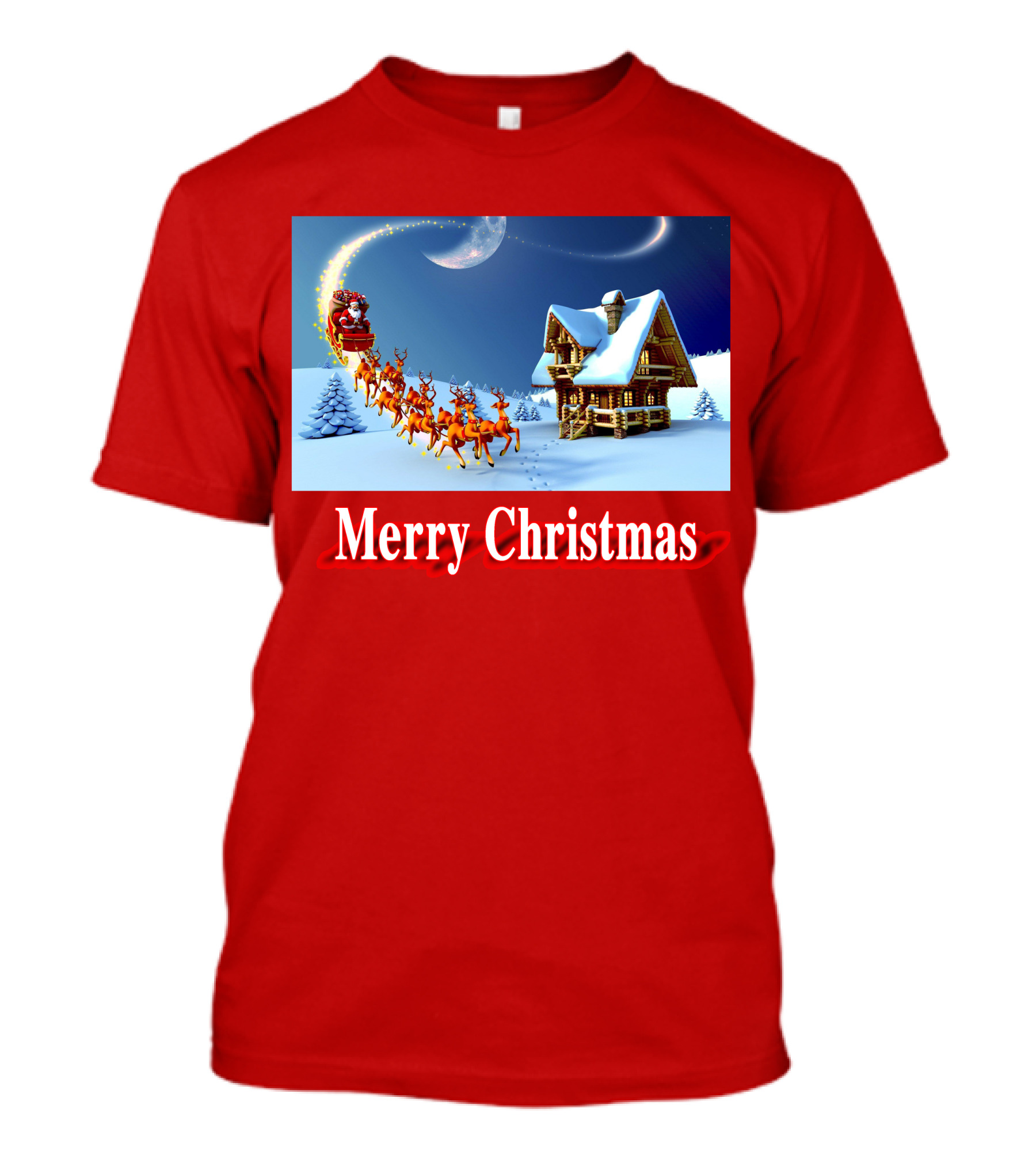 Merry Christmas Santa Sleigh Flying Over Snowy Cabin Scene T-Shirt
