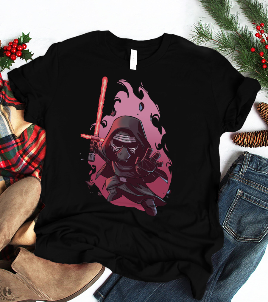 Chibi Kylo Ren Star Wars With Red Lightsaber And Fiery Background T-Shirt