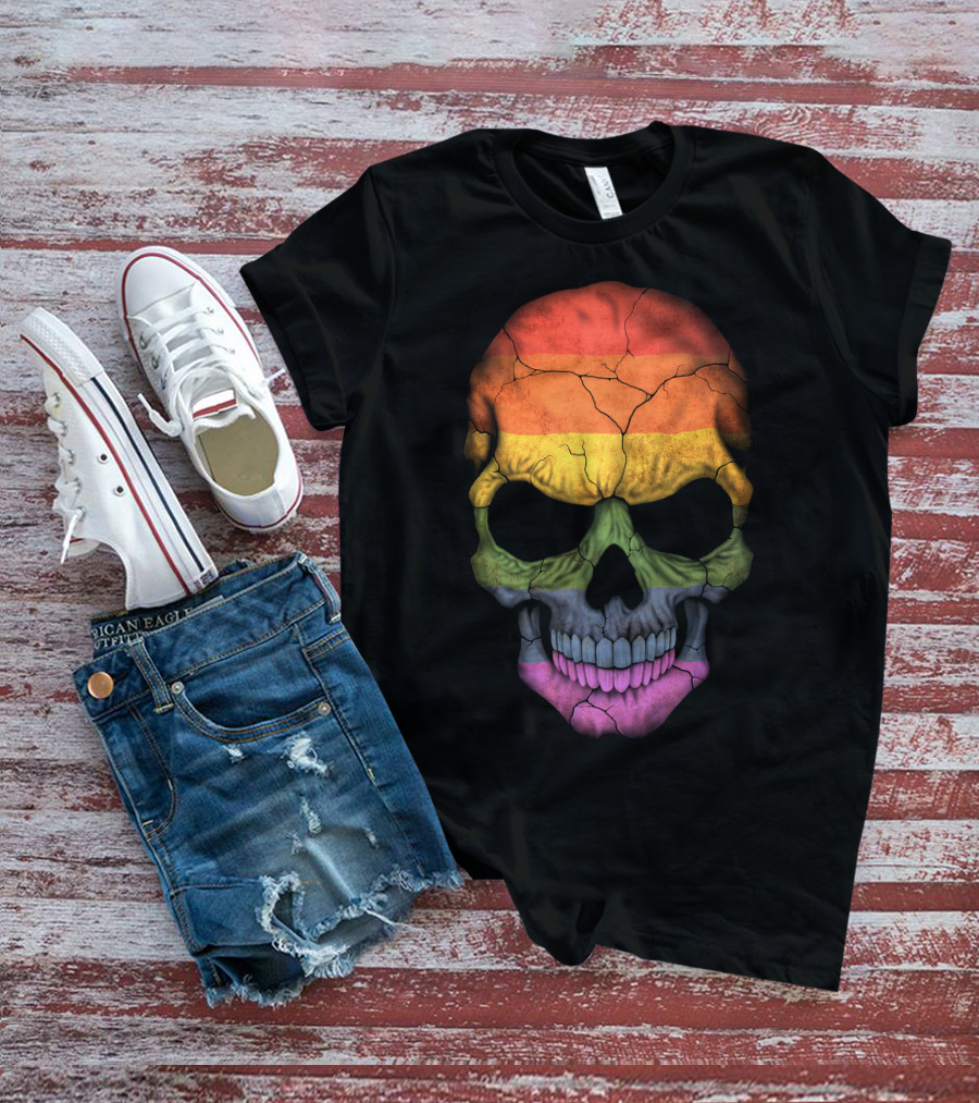 Gay Pride Rainbow Flag Skull Cracked Texture T-Shirt