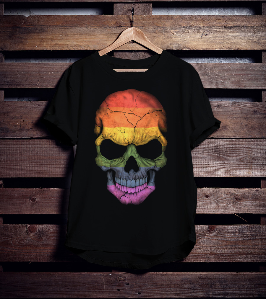 Gay Pride Rainbow Flag Skull Cracked Texture T-Shirt