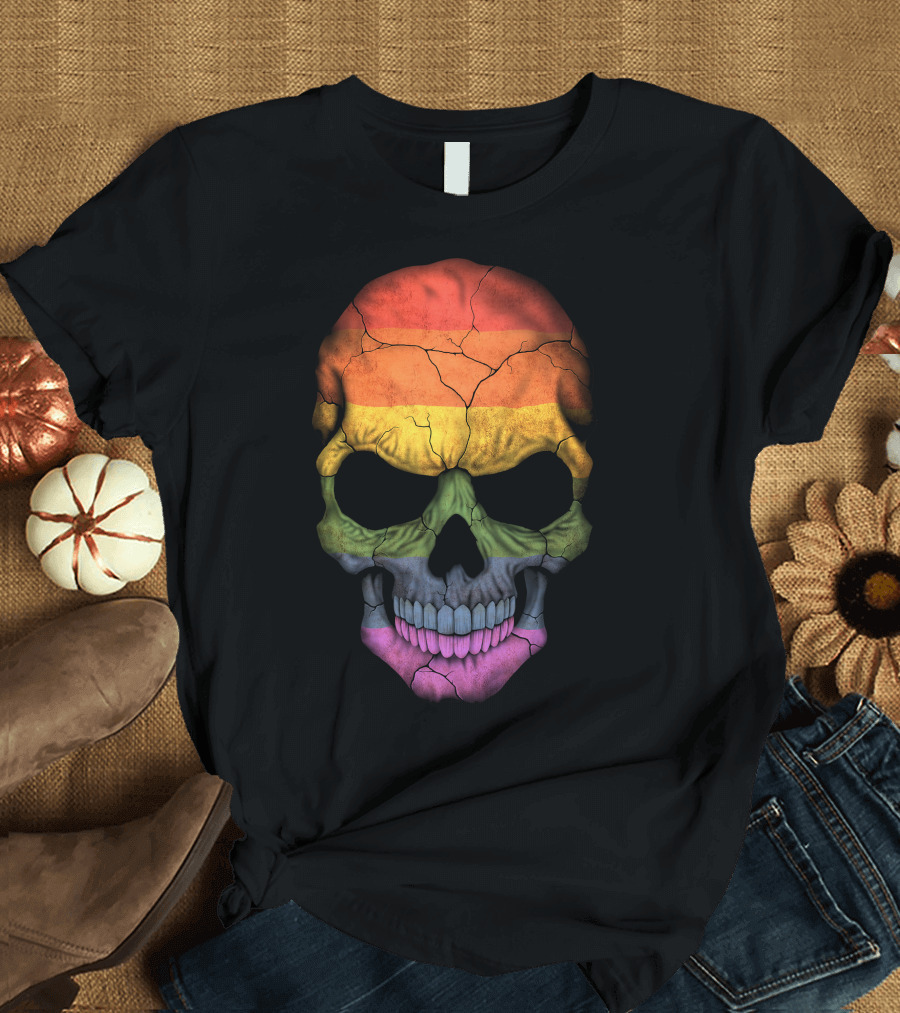 Gay Pride Rainbow Flag Skull Cracked Texture T-Shirt