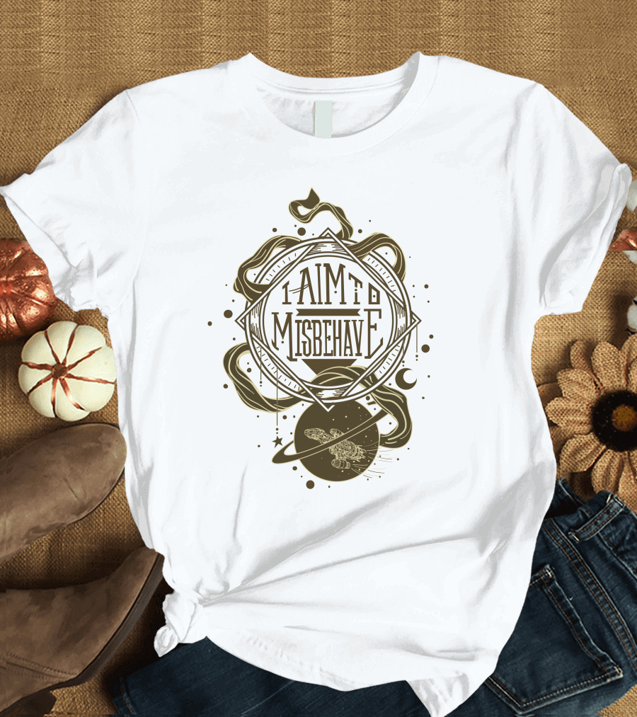 I Aim To Misbehave Firefly Serenity In Space With Gold Rings And Stars T-Shirt