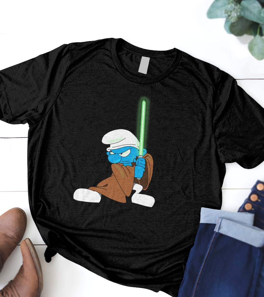 Smurf Jedi With Green Lightsaber In Star Wars-Inspired Crossover T-Shirt
