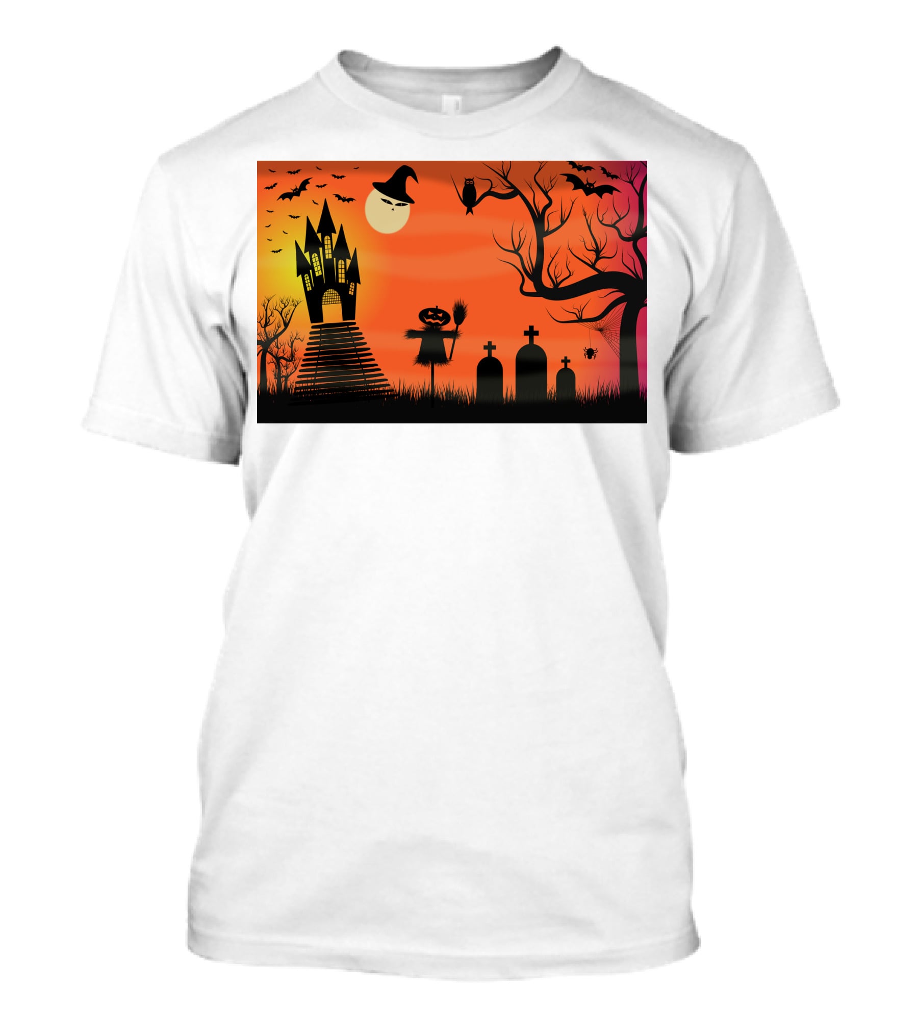 Halloween Haunted Castle Silhouette With Bats And Graveyard Scene T-Shirt
