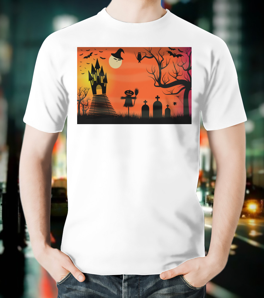 Halloween Haunted Castle Silhouette With Bats And Graveyard Scene T-Shirt