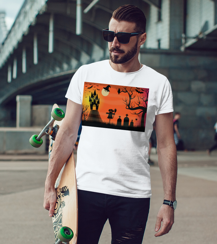 Halloween Haunted Castle Silhouette With Bats And Graveyard Scene T-Shirt