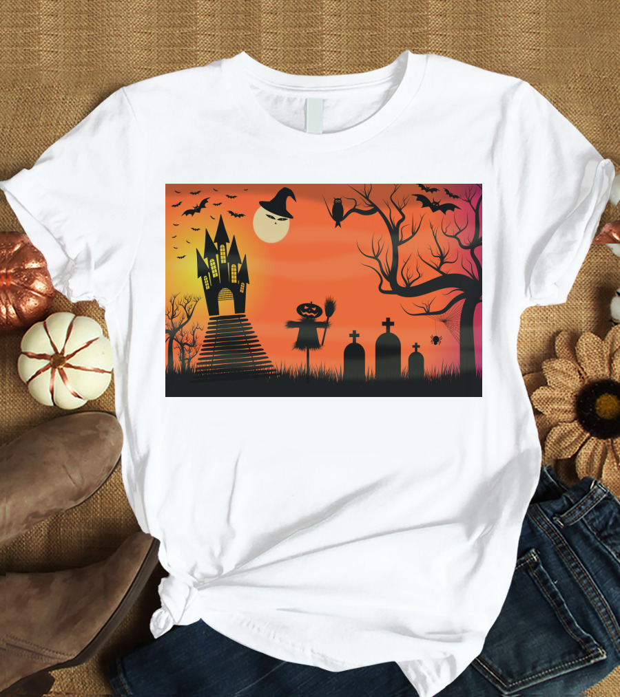 Halloween Haunted Castle Silhouette With Bats And Graveyard Scene T-Shirt