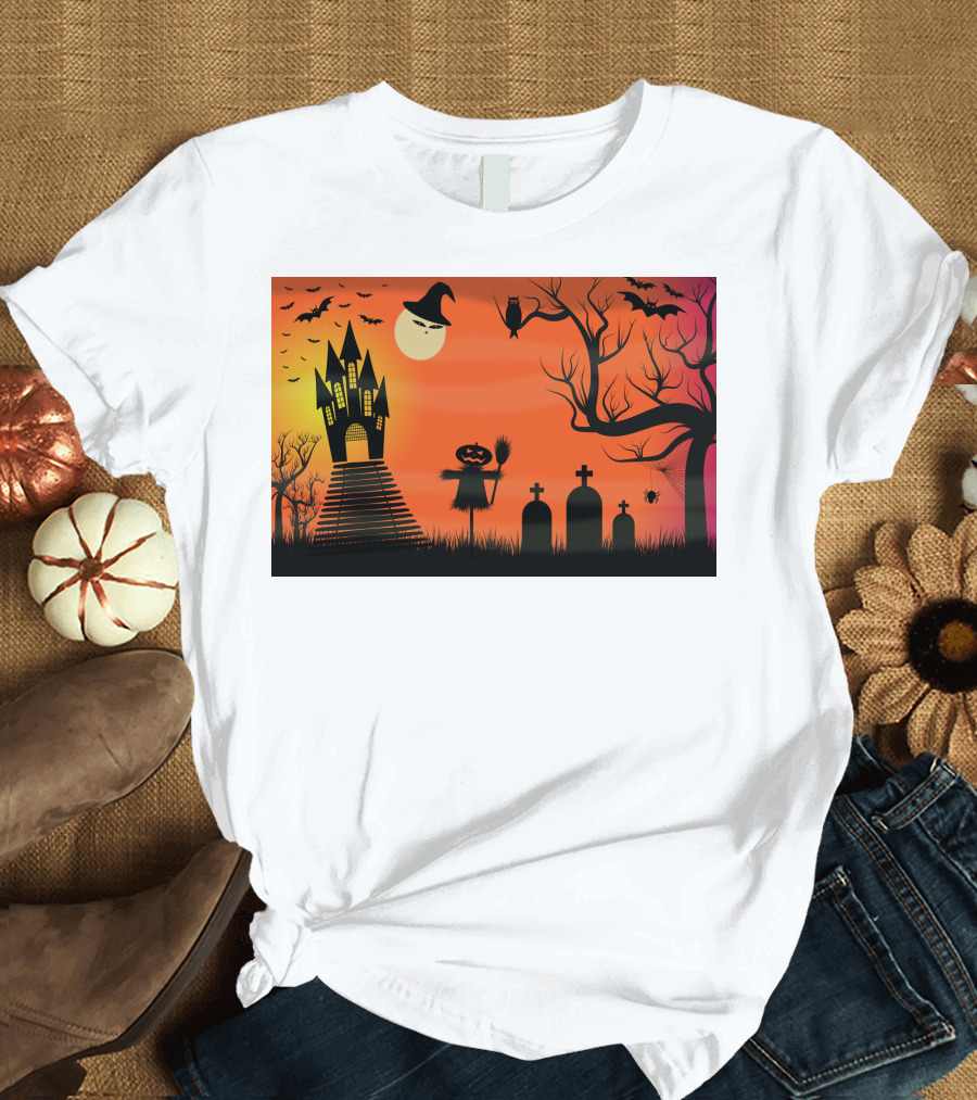 Halloween Haunted Castle Silhouette With Bats And Graveyard Scene T-Shirt