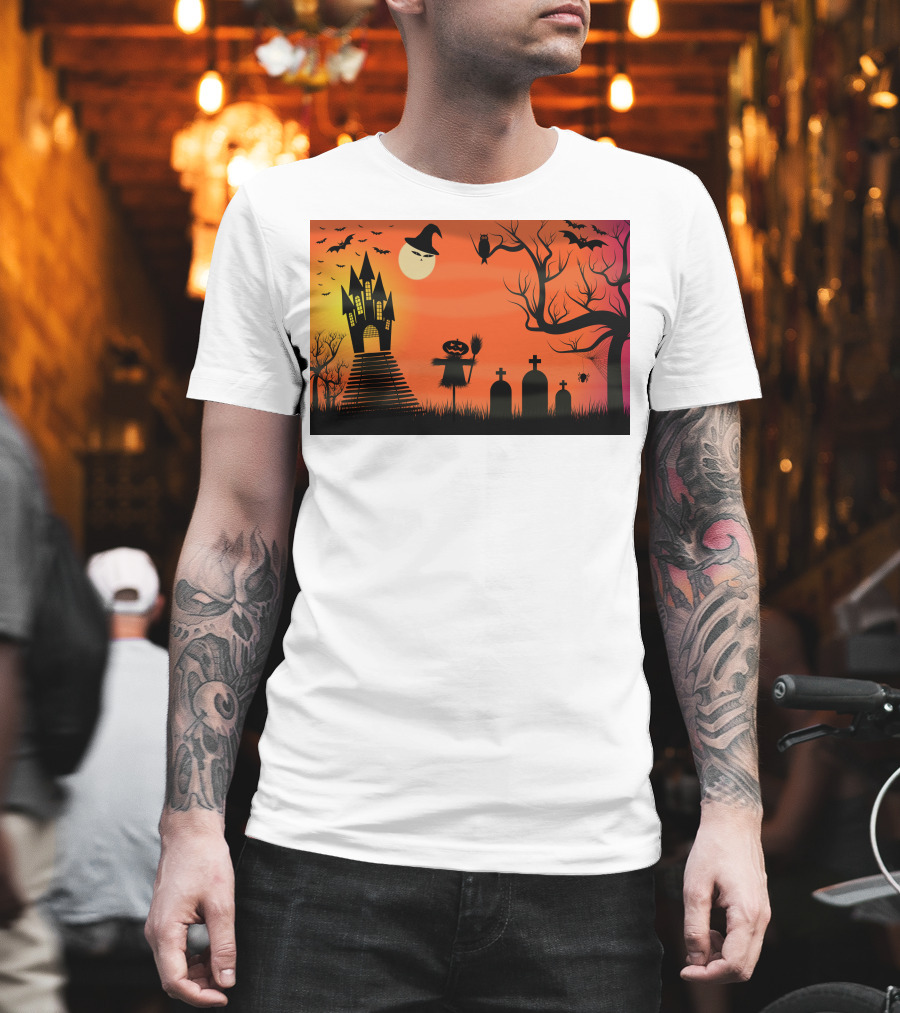 Halloween Haunted Castle Silhouette With Bats And Graveyard Scene T-Shirt