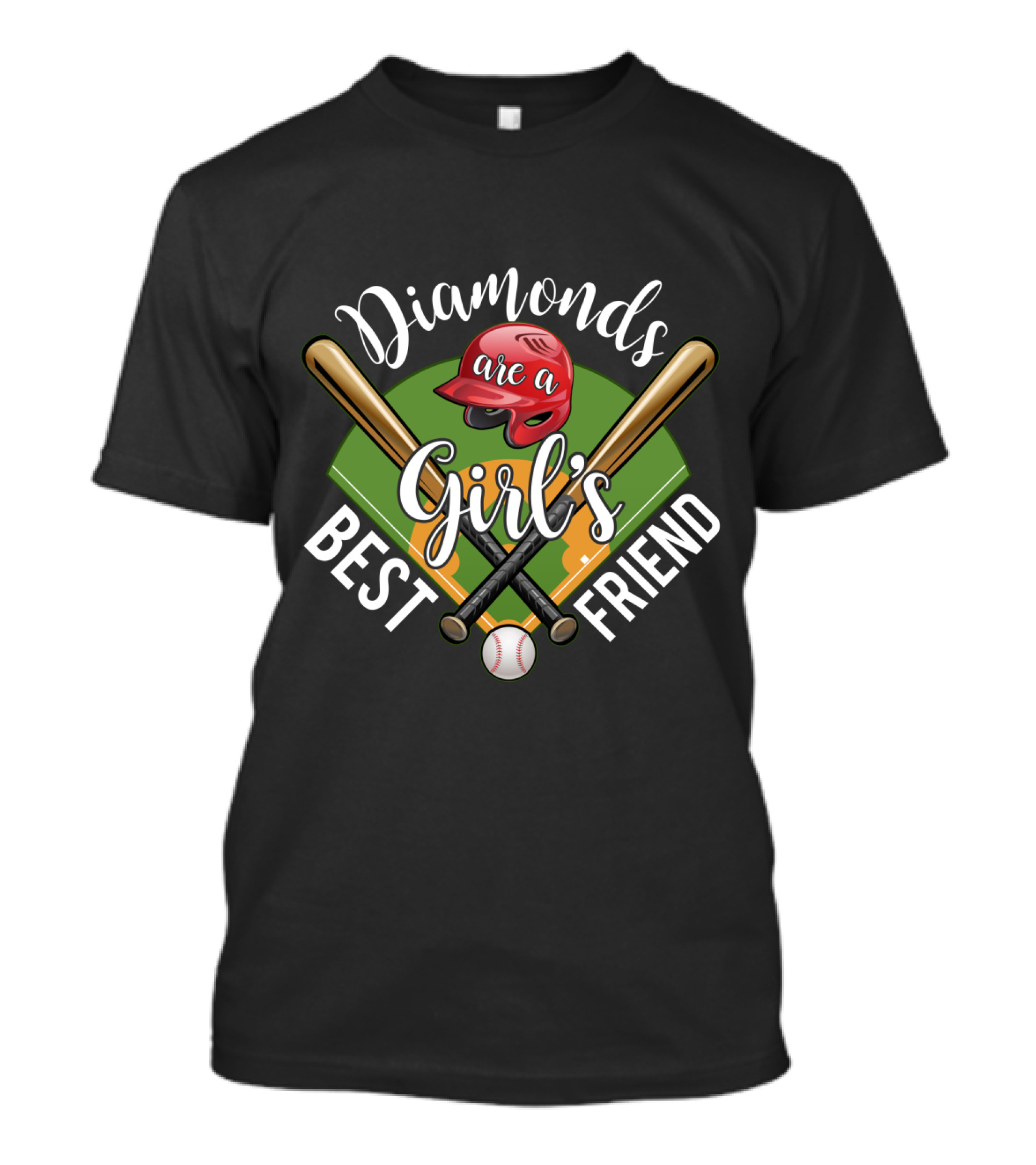 Diamonds Are A Girl's Best Friend Baseball Theme With Bats, Red Helmet, And Field T-Shirt