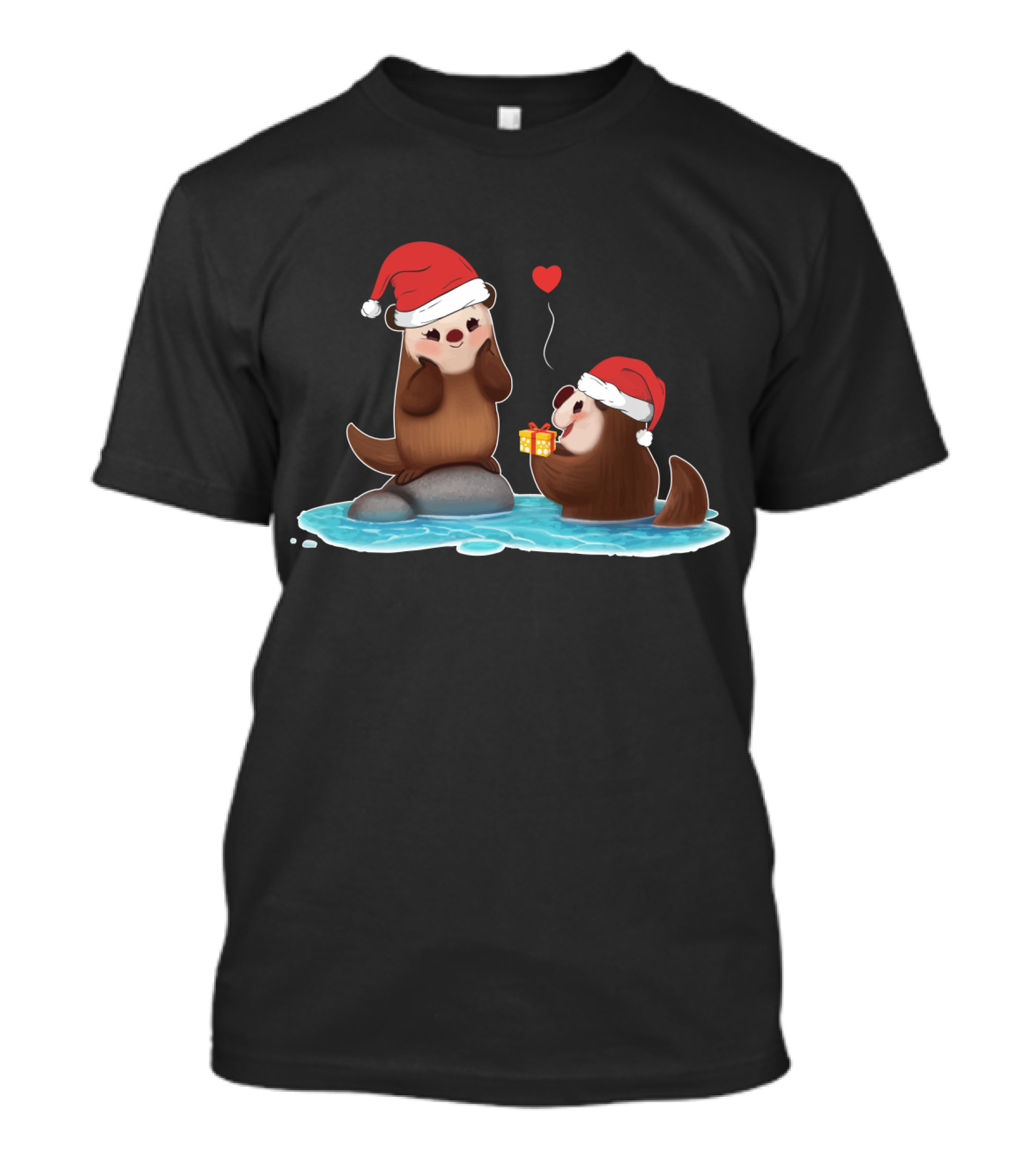 Cute Otter Santa With Gift And Heart On Ice T-Shirt