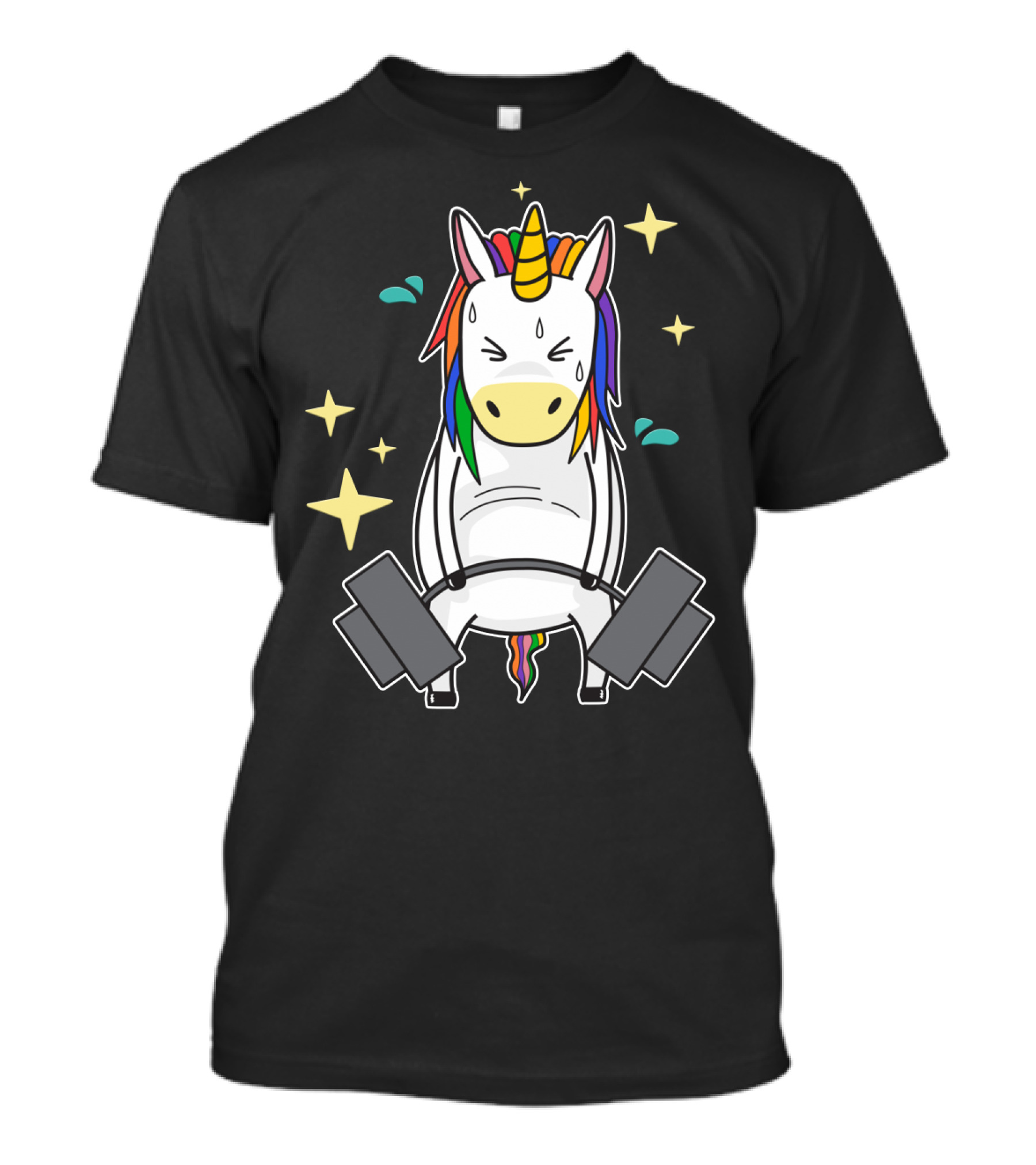 Unicorn Weightlifting Fitness Gym Sweat Rainbow Mane Stars T-Shirt