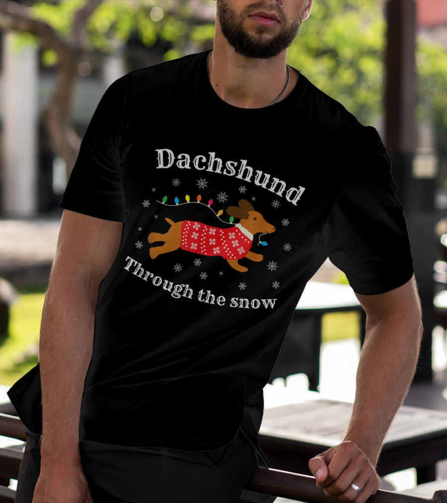 Dachshund Through The Snow Wearing A Festive Sweater With Christmas Lights And Snowflakes T-Shirt