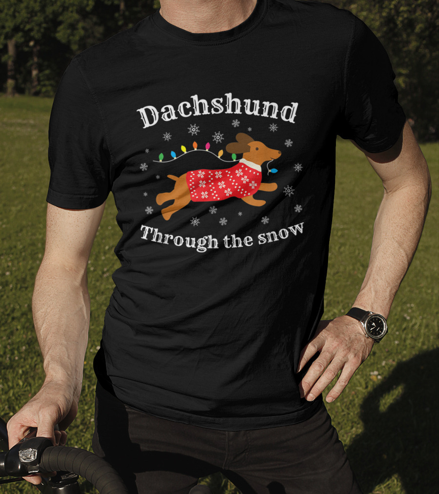 Dachshund Through The Snow Wearing A Festive Sweater With Christmas Lights And Snowflakes T-Shirt