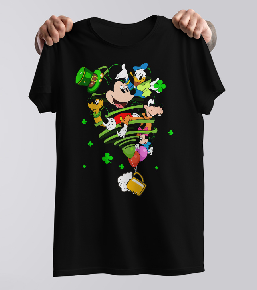 Mickey Mouse Donald Duck Goofy St. Patrick's Day Celebration With Shamrocks And Beer Mug T-Shirt
