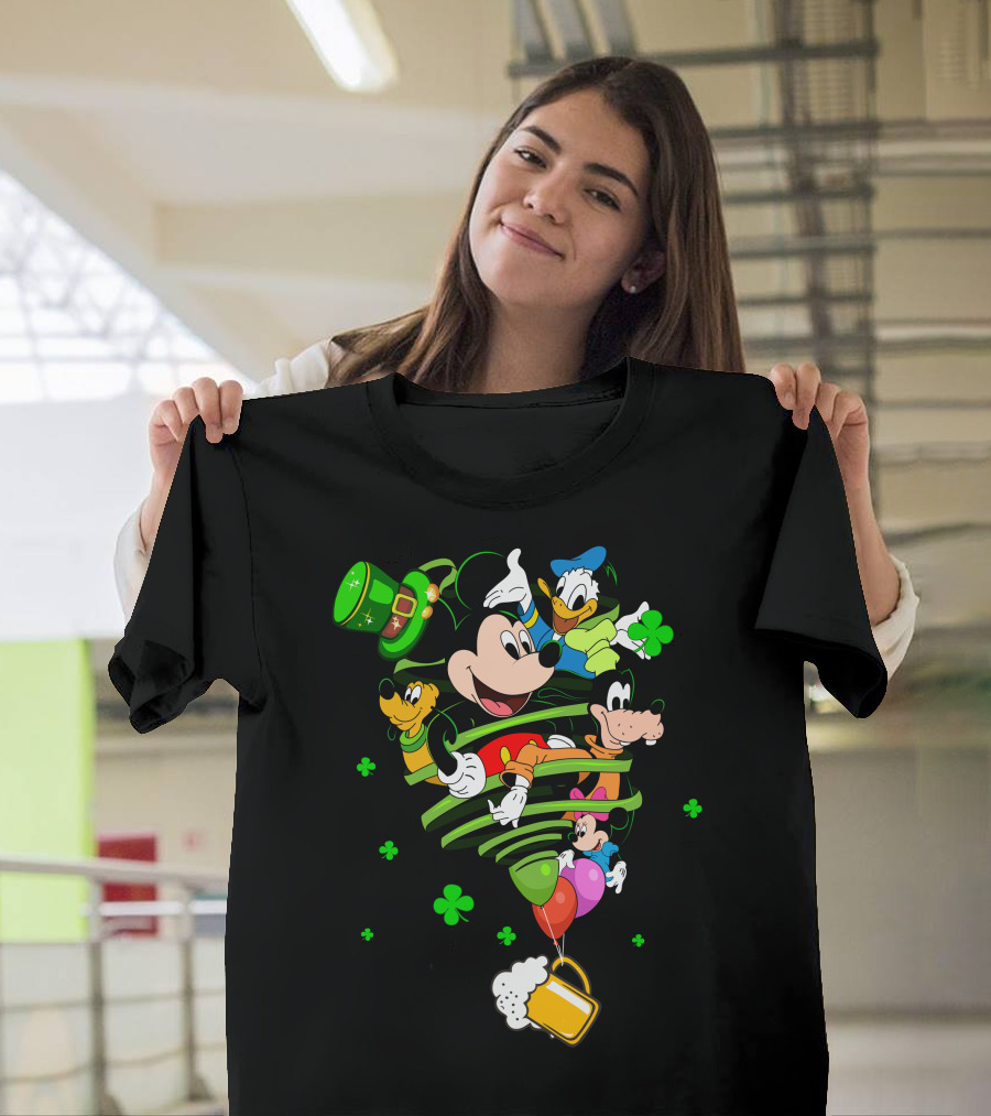 Mickey Mouse Donald Duck Goofy St. Patrick's Day Celebration With Shamrocks And Beer Mug T-Shirt