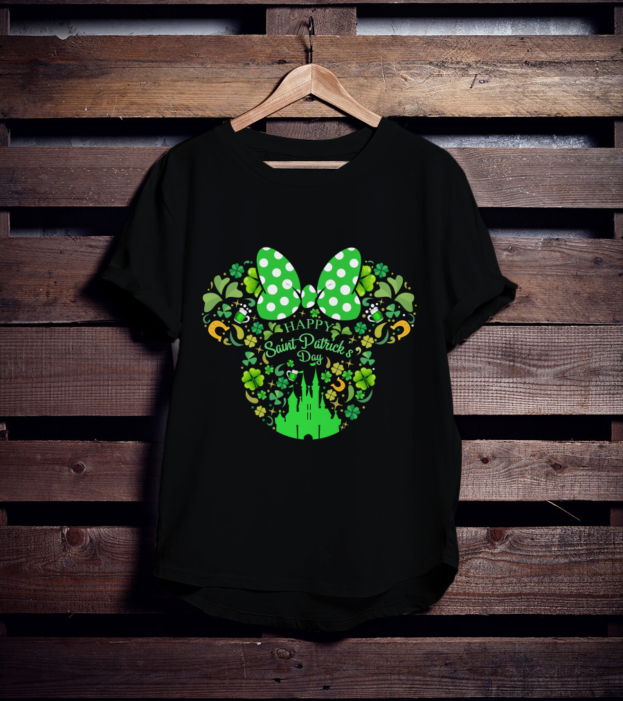 Happy Saint Patrick's Day Minnie Mouse Castle Clover Bow Beer T-Shirt