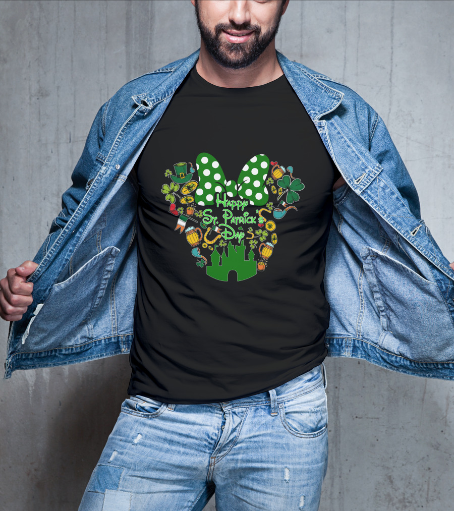 Happy St. Patrick's Day Green White Polka Dot Bow And Shamrocks T-Shirt