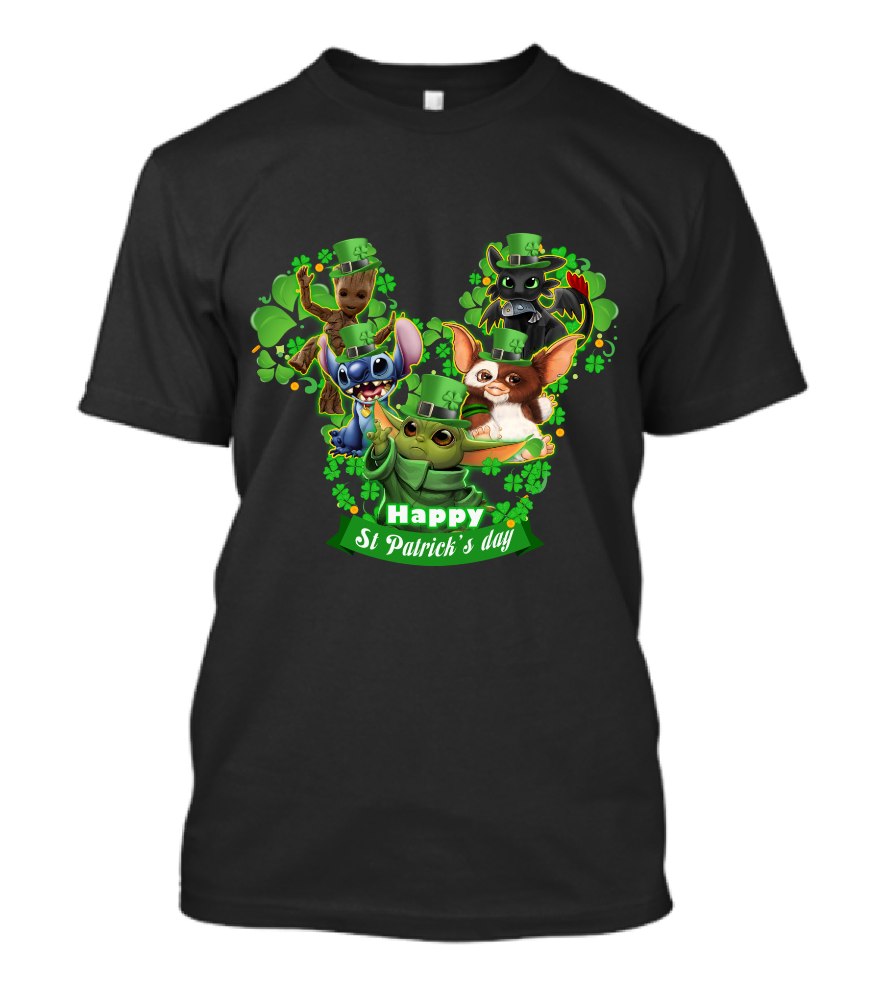 BBYD And Friends Happy St Patrick's Day Groot Gizmo Stitch Mandalorian Baby Yoda Toothless T-Shirt