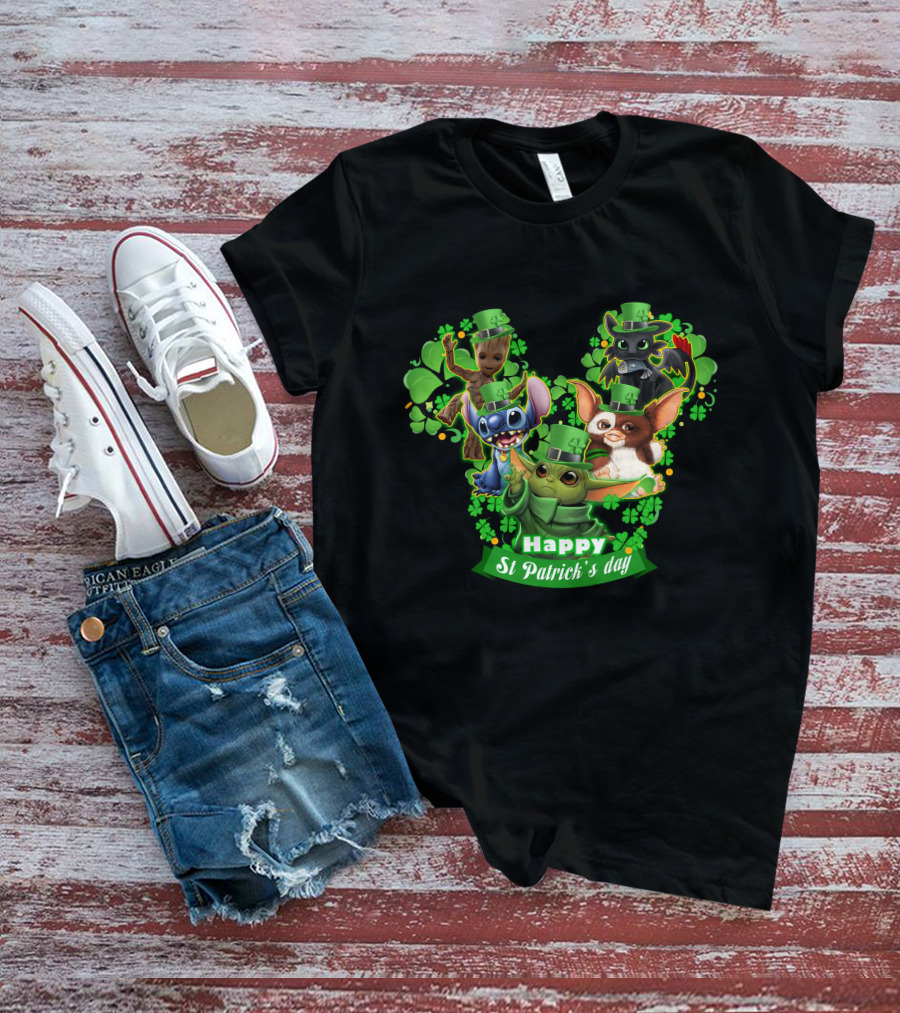 BBYD And Friends Happy St Patrick's Day Groot Gizmo Stitch Mandalorian Baby Yoda Toothless T-Shirt