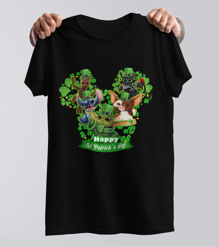 BBYD And Friends Happy St Patrick's Day Groot Gizmo Stitch Mandalorian Baby Yoda Toothless T-Shirt