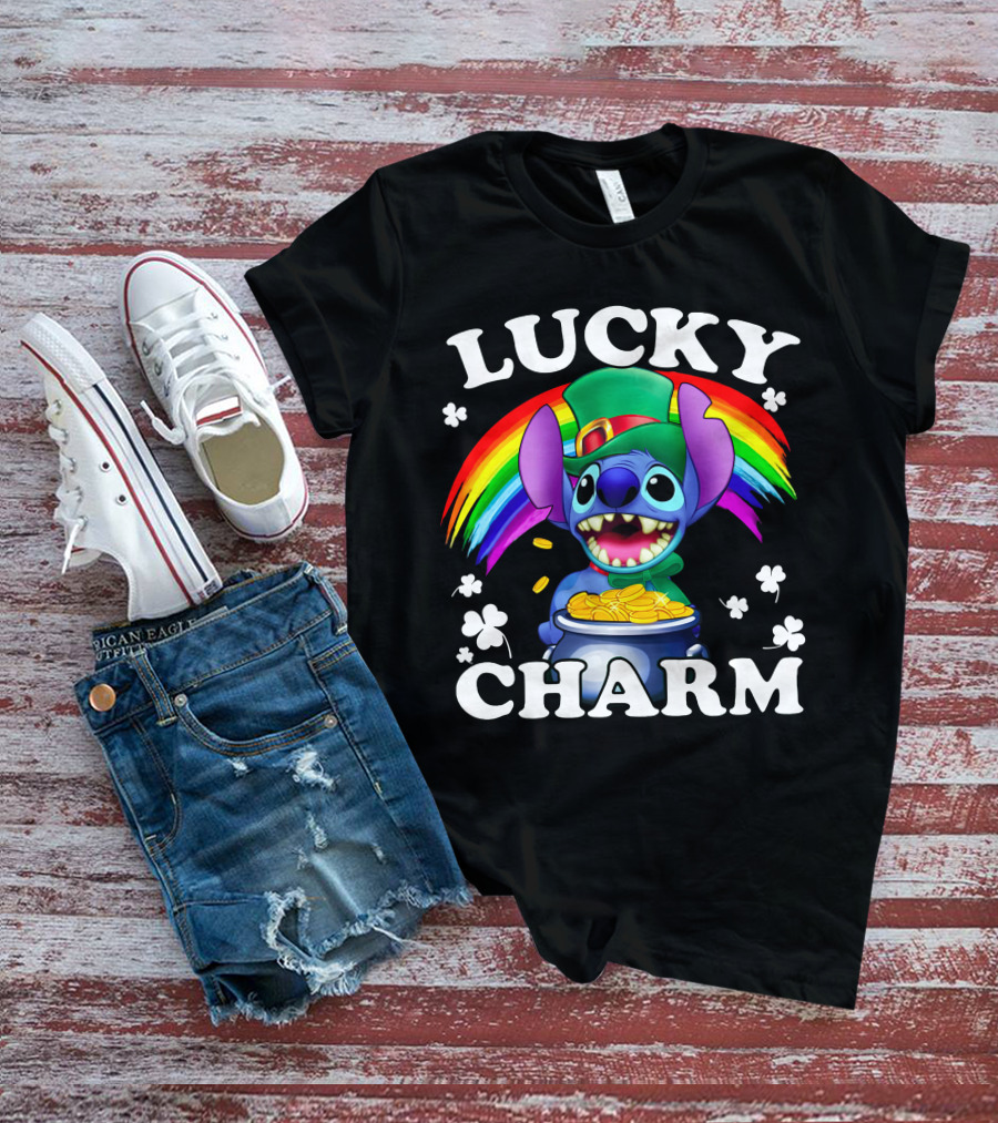 Lucky Charm Stitch Rainbow Gold Coins Shamrocks T-Shirt