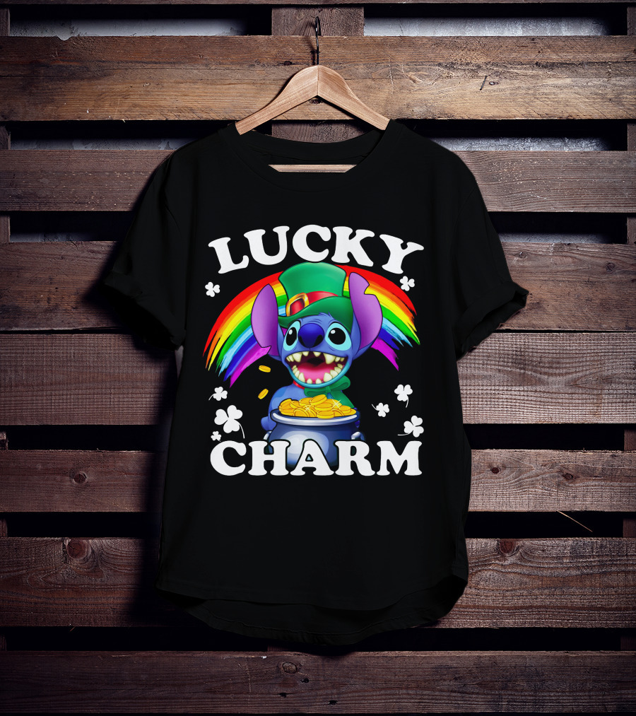 Lucky Charm Stitch Rainbow Gold Coins Shamrocks T-Shirt