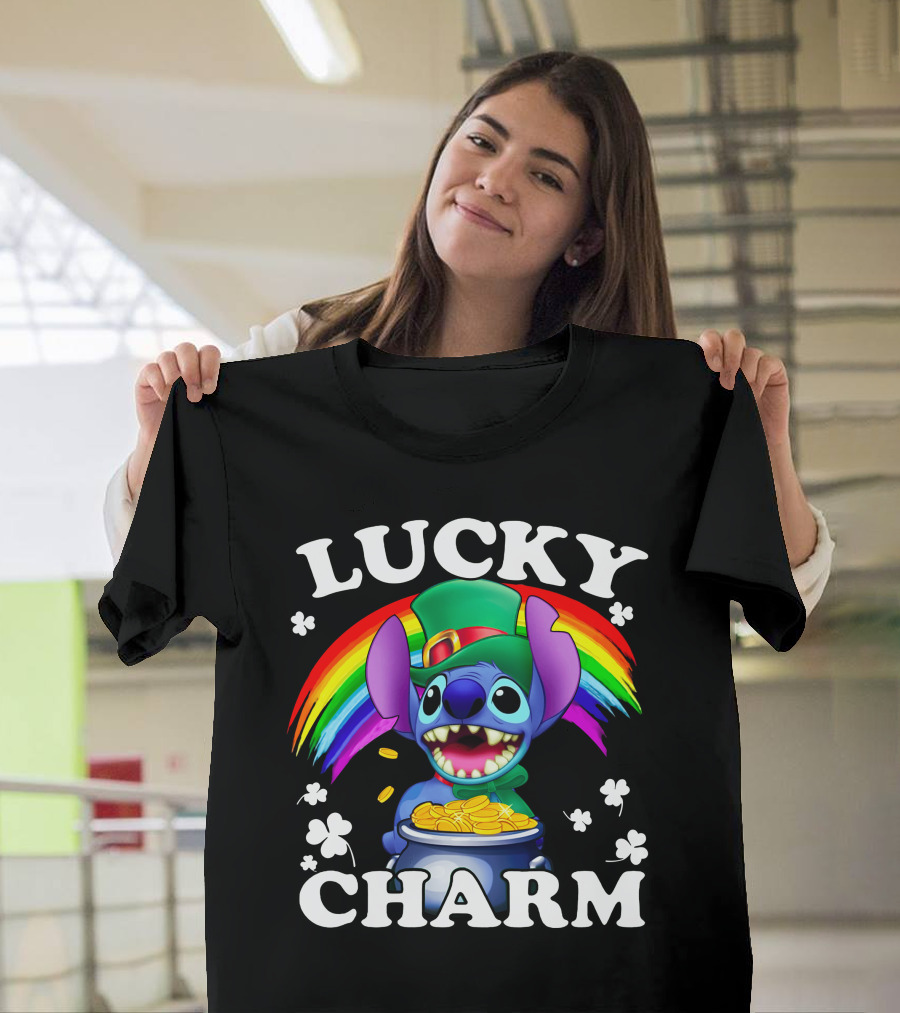 Lucky Charm Stitch Rainbow Gold Coins Shamrocks T-Shirt