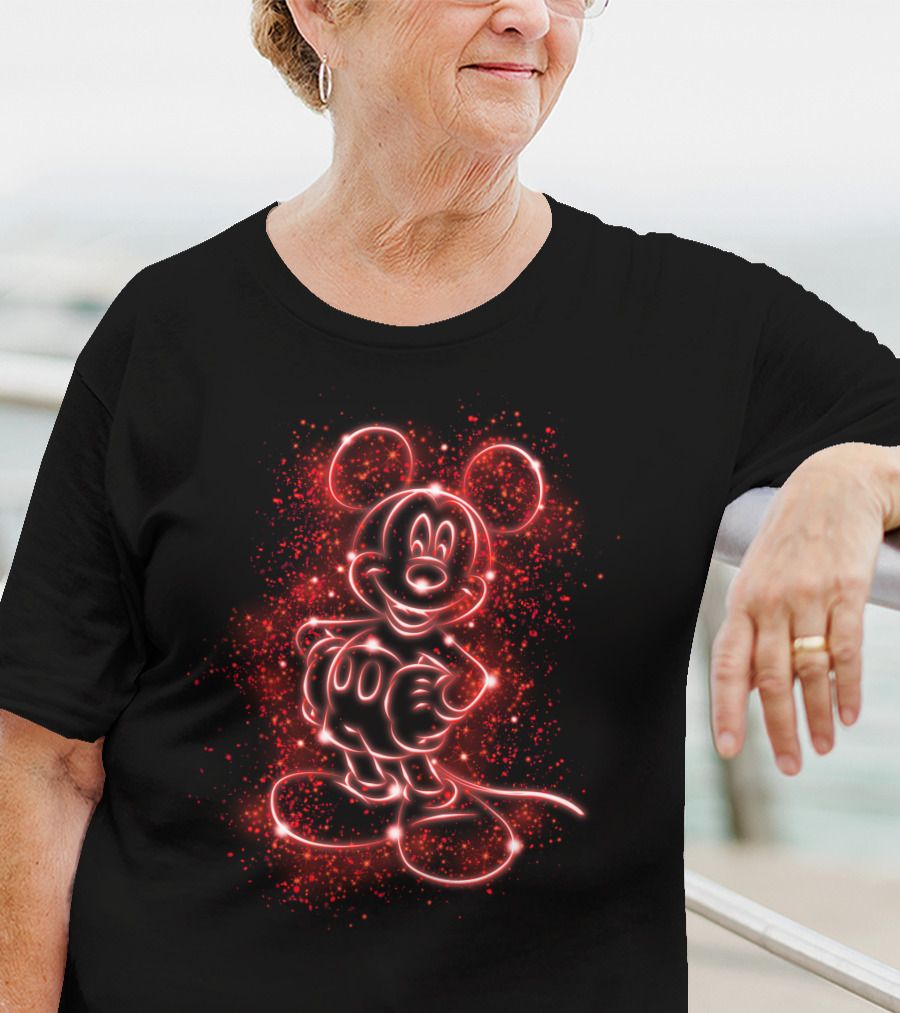 MK Light Neon Mickey Mouse Outline Red Sparkles T-Shirt