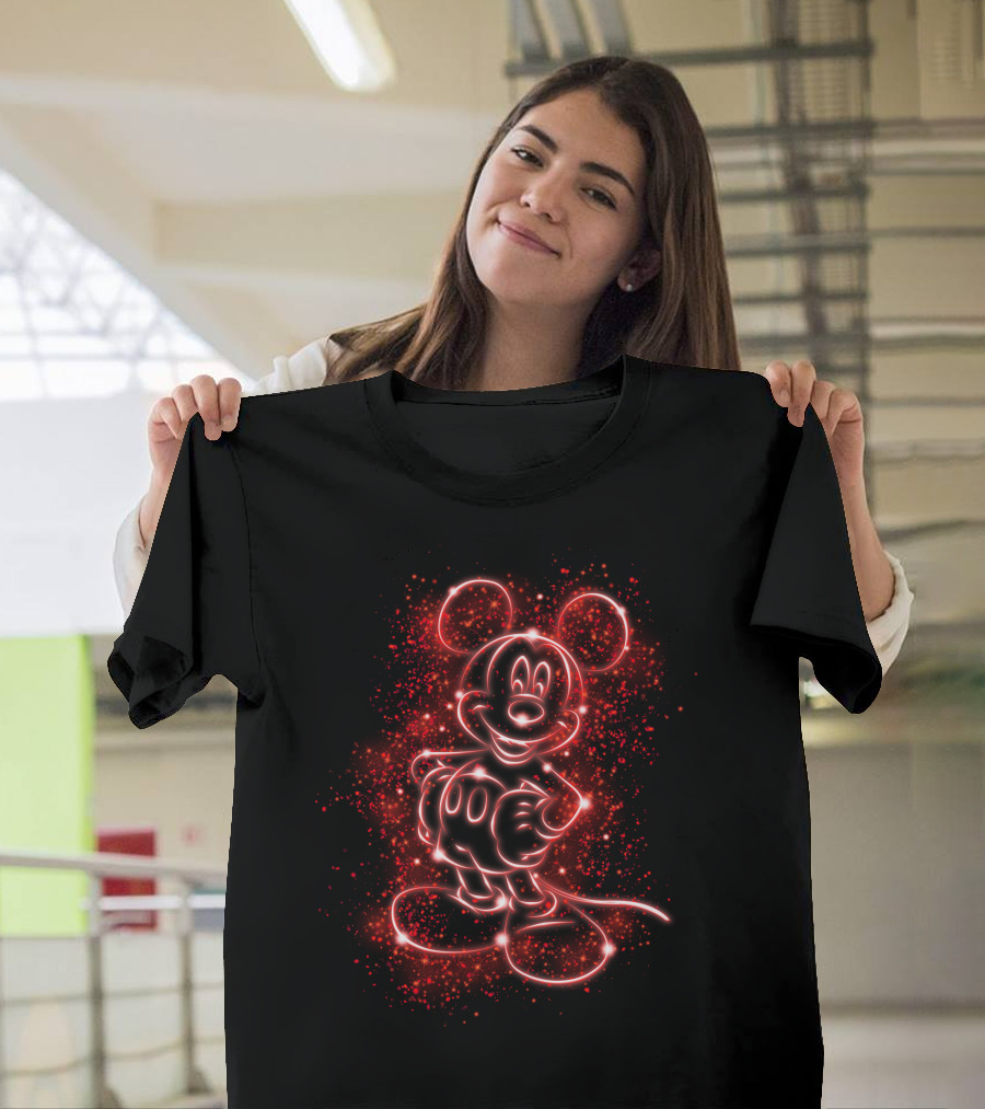 MK Light Neon Mickey Mouse Outline Red Sparkles T-Shirt