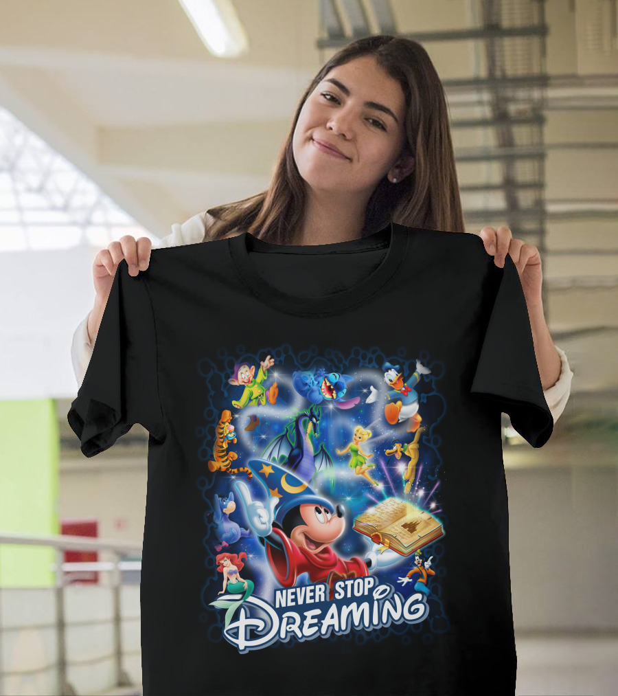 Never Stop Dreaming Disney Characters Magic Book T-Shirt