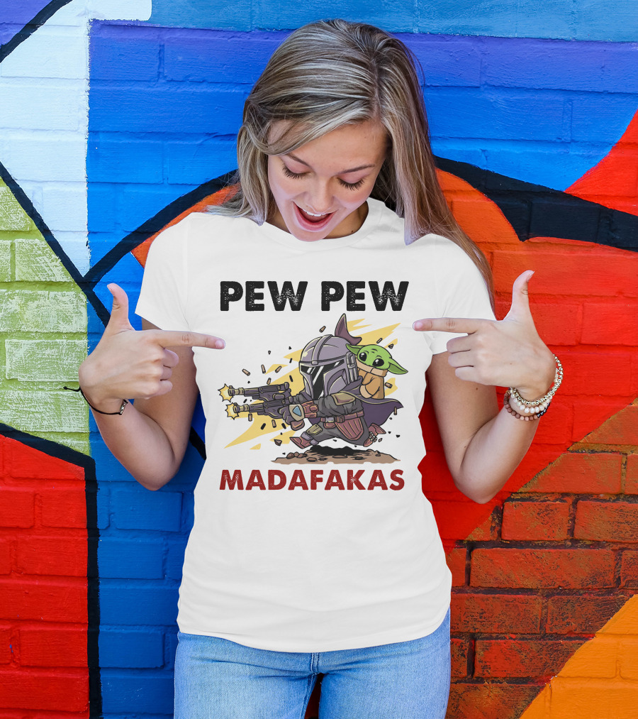 Pew Pew Madafakas Mandalorian Baby Yoda Gun Firing Scene T-Shirt