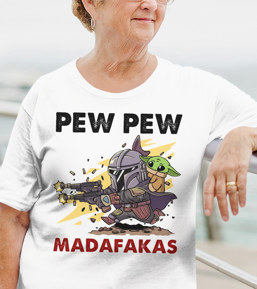 Pew Pew Madafakas Mandalorian Baby Yoda Gun Firing Scene T-Shirt