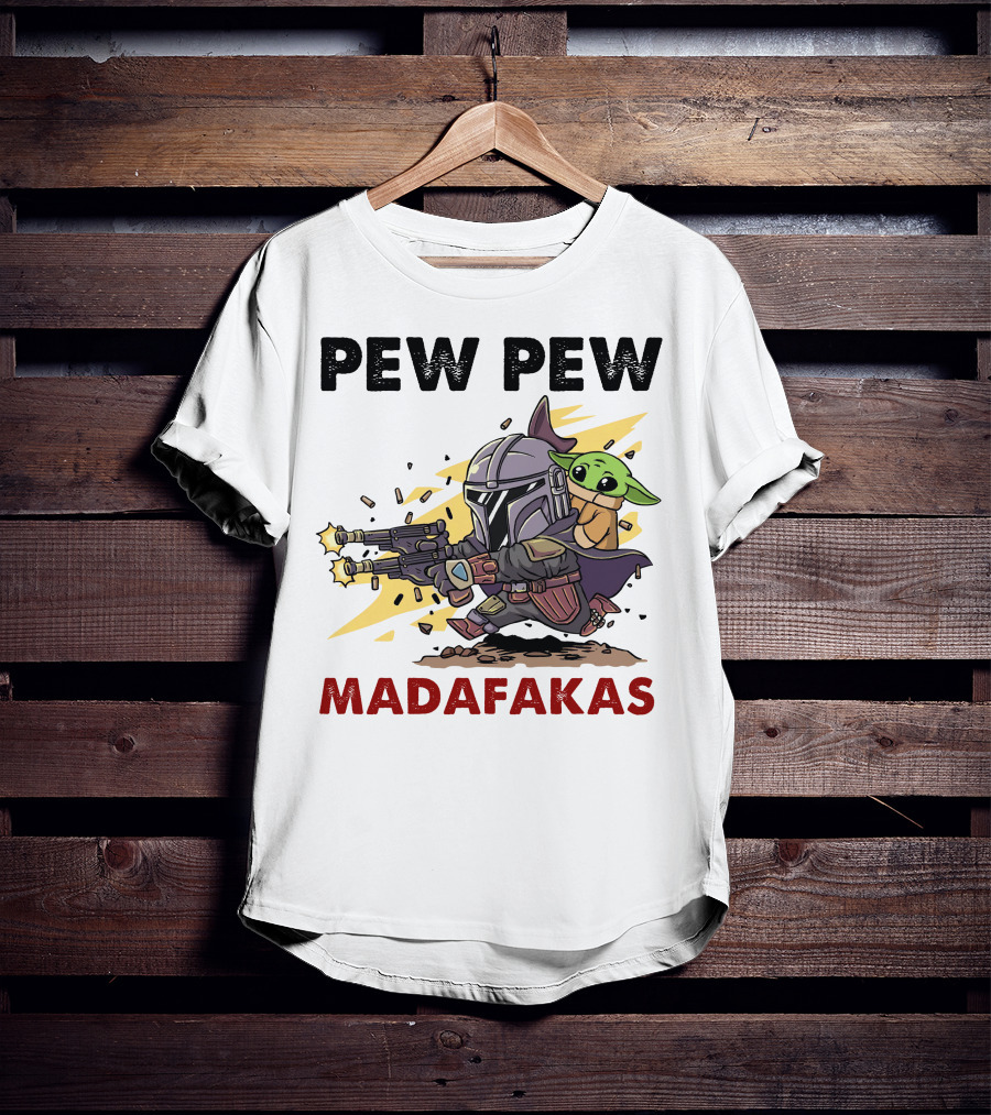 Pew Pew Madafakas Mandalorian Baby Yoda Gun Firing Scene T-Shirt