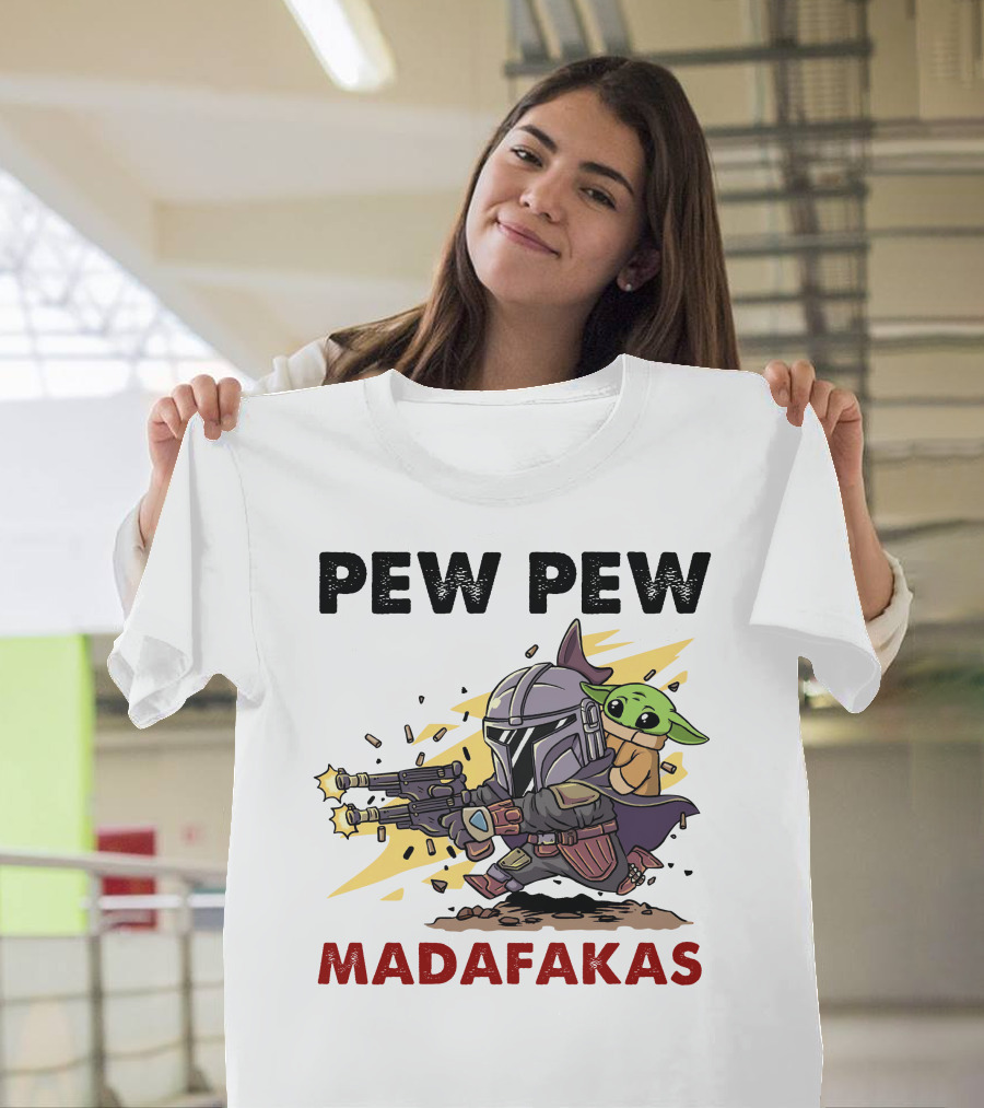 Pew Pew Madafakas Mandalorian Baby Yoda Gun Firing Scene T-Shirt
