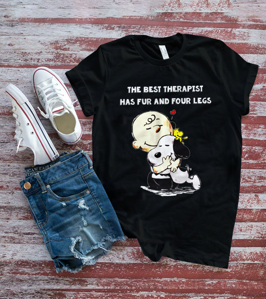 The Best Therapist Has Fur And Four Legs Charlie Brown Snoopy Woodstock Hug T-Shirt