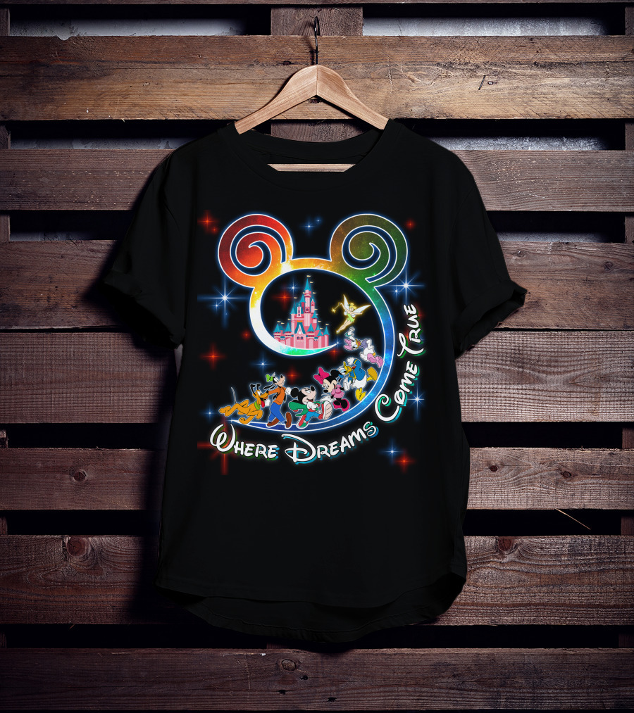 Where Dreams Come True Disney Castle Mickey Minnie Goofy Donald Pluto Tinkerbell T-Shirt