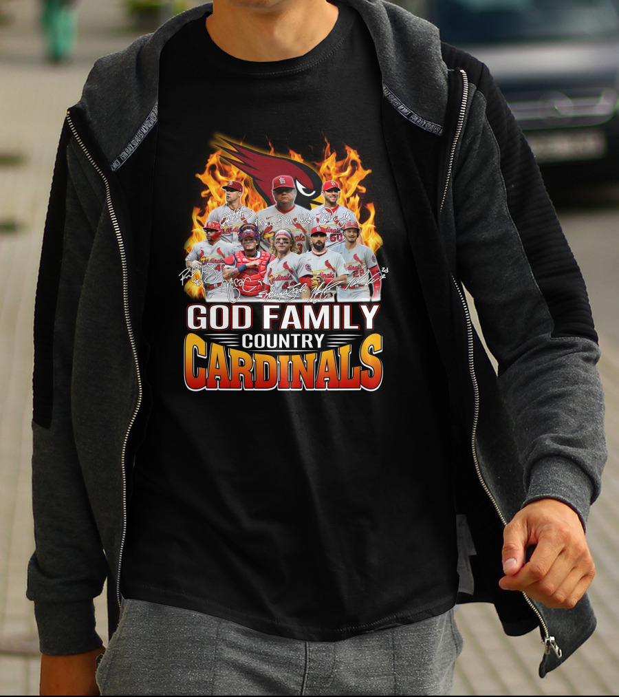 God Family Country Cardinals Baseball Team Fire Background T-Shirt