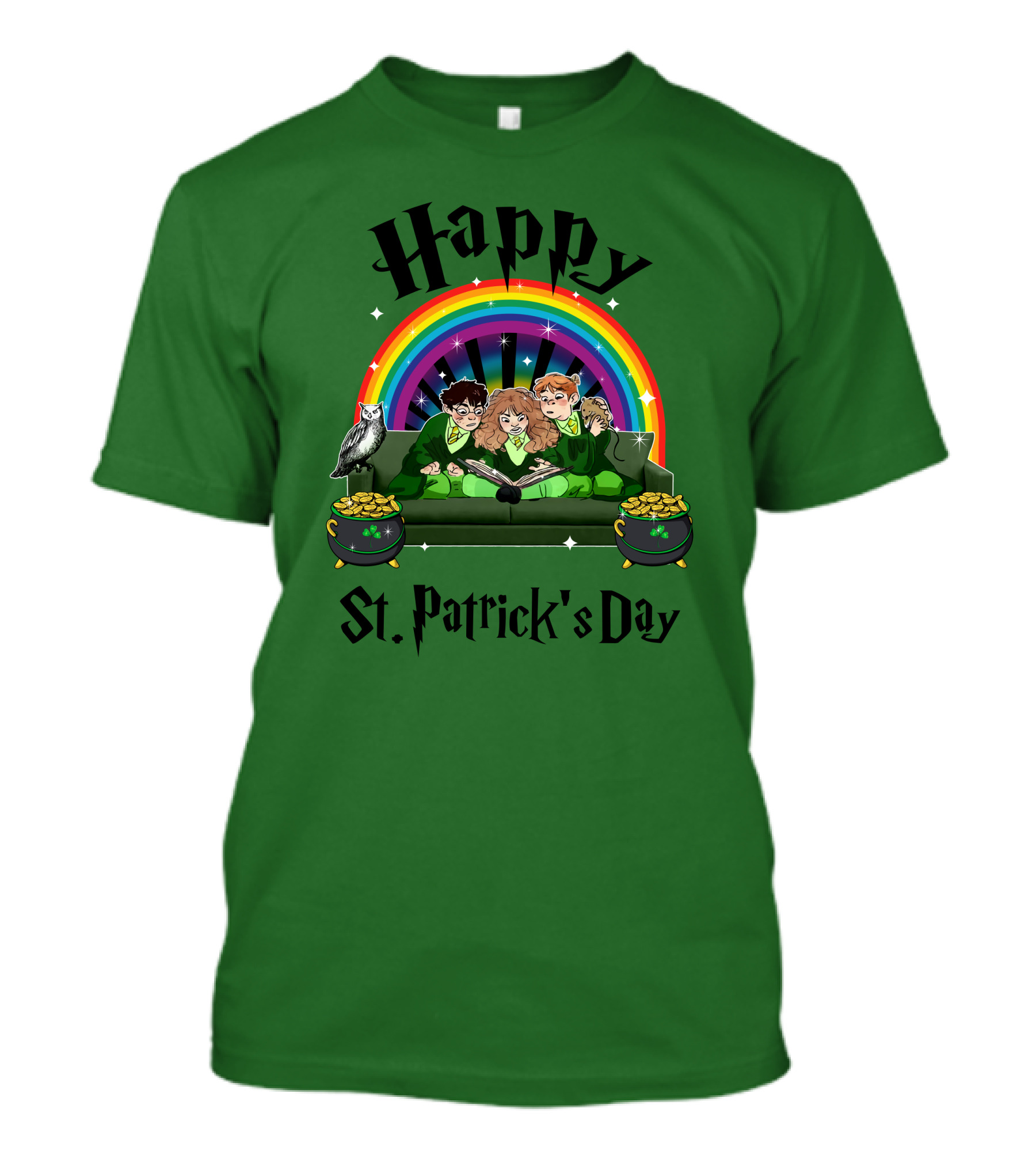 Happy St. Patrick's Day With Rainbow And Green Characters On Couch T-Shirt