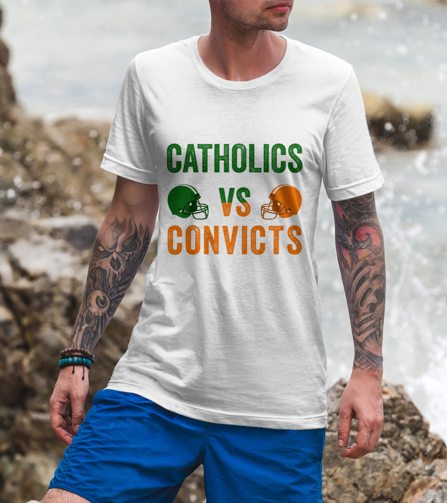 Catholics Vs. Convicts 1988 Football Helmets Rivalry T-Shirt