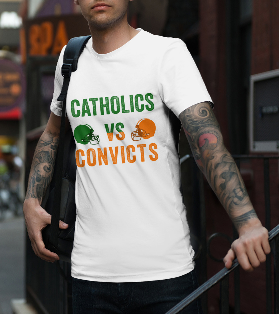 Catholics Vs. Convicts 1988 Football Helmets Rivalry T-Shirt