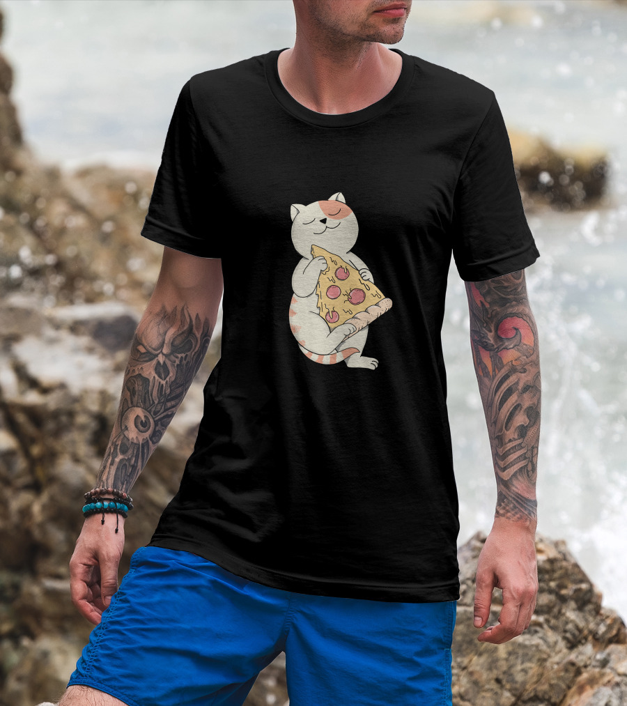 Cat Hugging Pepperoni Pizza Slice T-Shirt