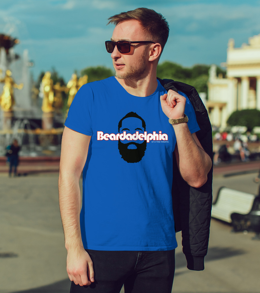 Beardadelphia 97.5 The Fanatic Silhouette Bold Text Blue Background T-Shirt