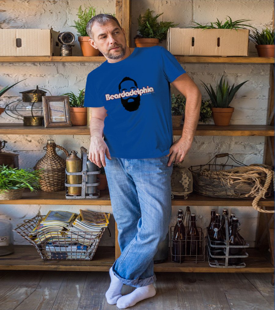 Beardadelphia 97.5 The Fanatic Silhouette Bold Text Blue Background T-Shirt