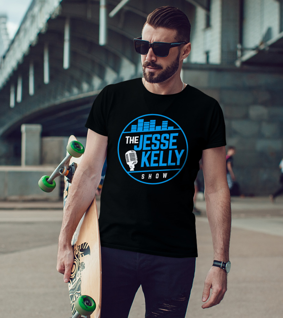 The Jesse Kelly Show Microphone Logo Design With Blue Text And Sound Bars T-Shirt