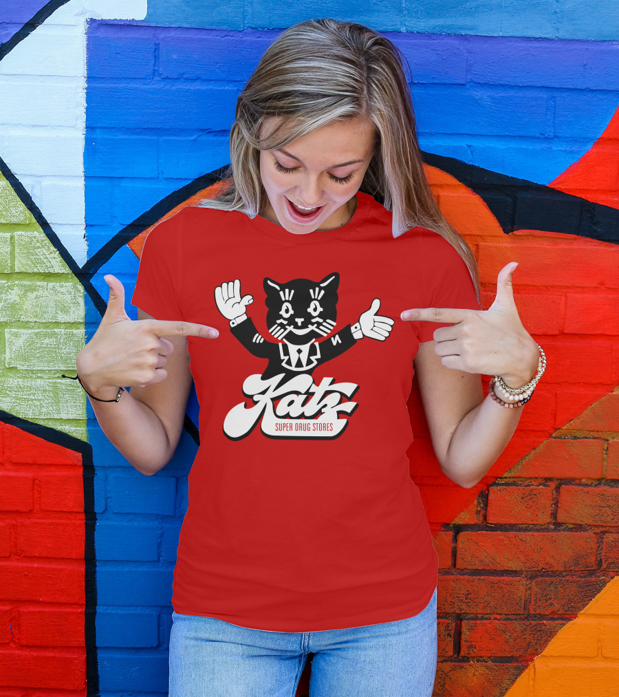 Katz Super Drug Stores Cat Mascot Smiling And Waving In Suit And Tie T-Shirt