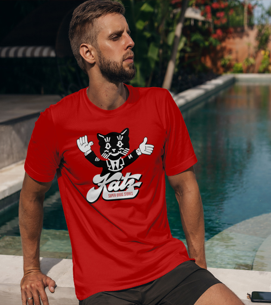 Katz Super Drug Stores Cat Mascot Smiling And Waving In Suit And Tie T-Shirt