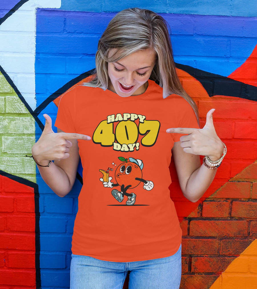 Happy 407 Day Orlando Orange Character With Drink And Sneakers T-Shirt